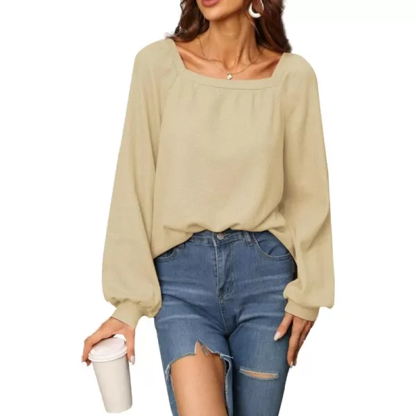 LYANER Women's Casual Square Neck Long Sleeve Waffle Knit Blouses Pullover Sweatshirt