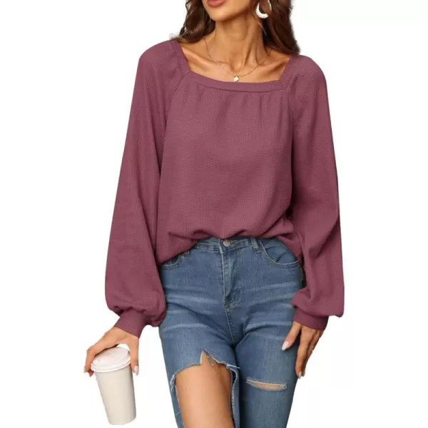 LYANER Women's Casual Square Neck Long Sleeve Waffle Knit Blouses Pullover Sweatshirt
