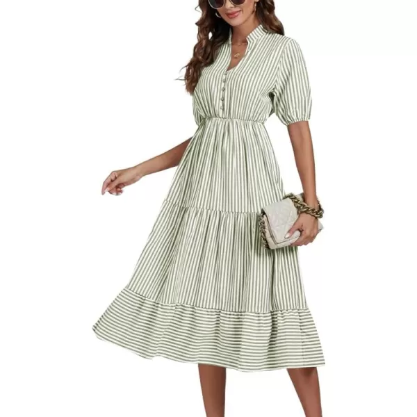 LYANER Women's Casual Striped Print V Neck Puff Short Sleeve Ruffle Hem Midi Dress