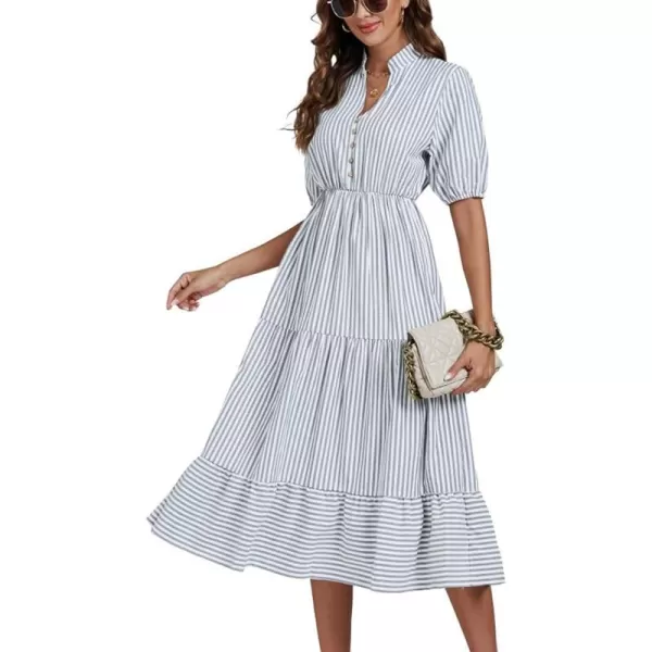 LYANER Women's Casual Striped Print V Neck Puff Short Sleeve Ruffle Hem Midi Dress