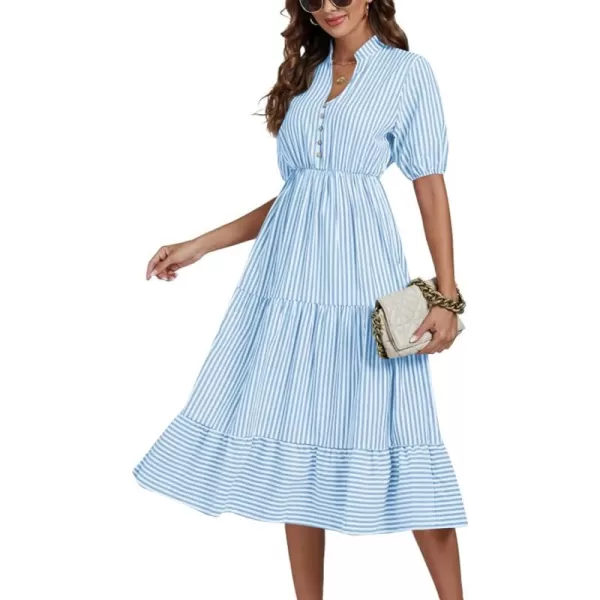 LYANER Women's Casual Striped Print V Neck Puff Short Sleeve Ruffle Hem Midi Dress