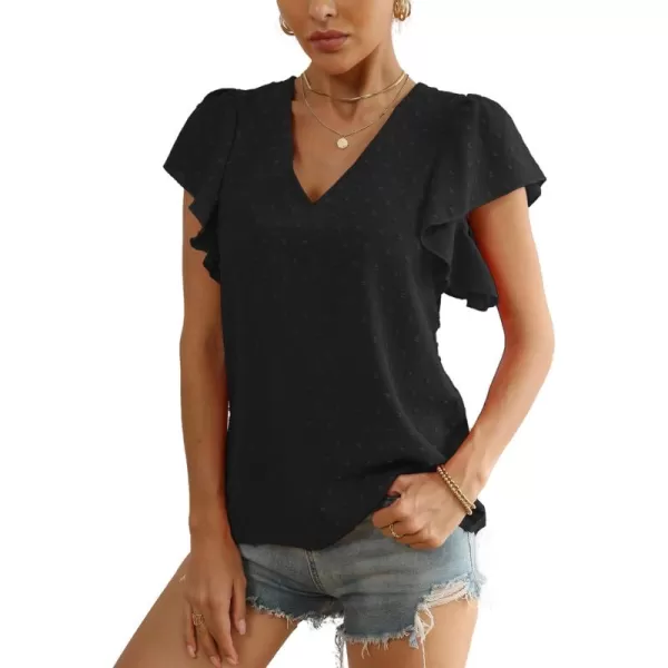LYANER Women's Casual Swiss Dots V Neck Flutter Sleeve Blouse Pom Pom Shirt Top
