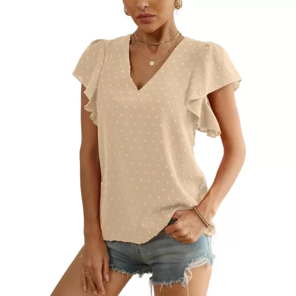 LYANER Women's Casual Swiss Dots V Neck Flutter Sleeve Blouse Pom Pom Shirt Top