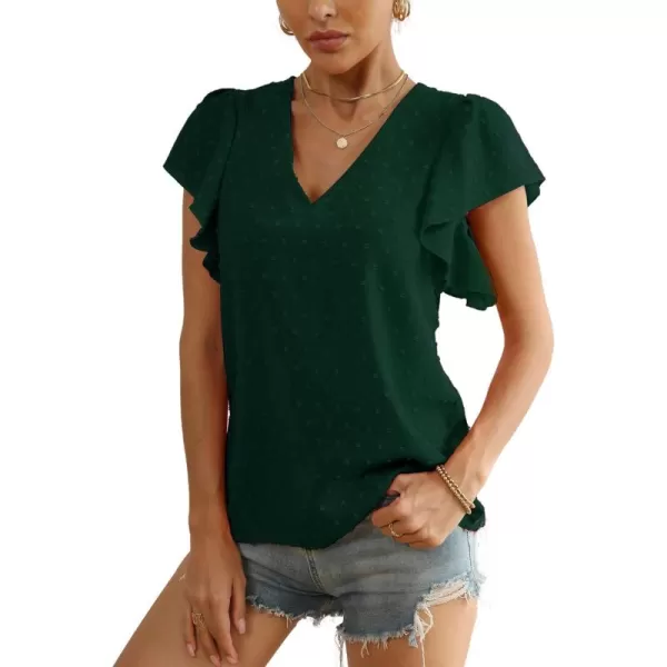 LYANER Women's Casual Swiss Dots V Neck Flutter Sleeve Blouse Pom Pom Shirt Top