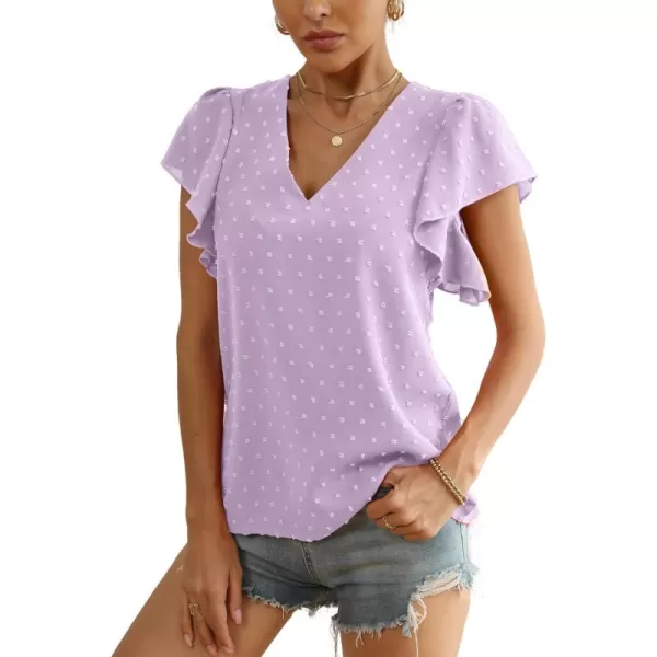 LYANER Women's Casual Swiss Dots V Neck Flutter Sleeve Blouse Pom Pom Shirt Top