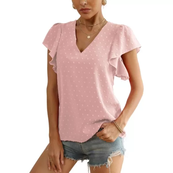 LYANER Women's Casual Swiss Dots V Neck Flutter Sleeve Blouse Pom Pom Shirt Top