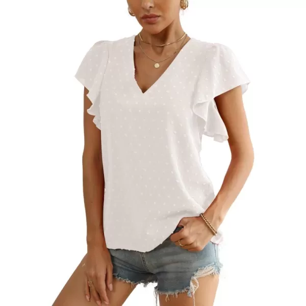 LYANER Women's Casual Swiss Dots V Neck Flutter Sleeve Blouse Pom Pom Shirt Top