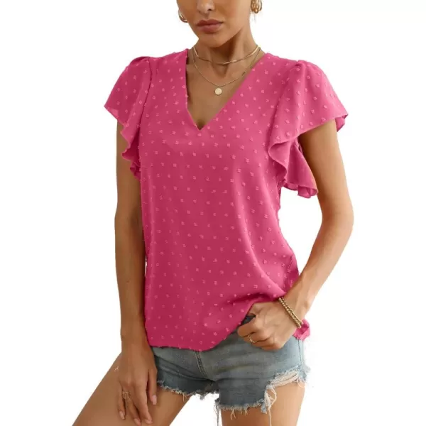 LYANER Women's Casual Swiss Dots V Neck Flutter Sleeve Blouse Pom Pom Shirt Top