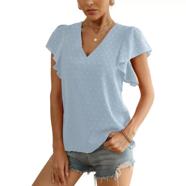 LYANER Women's Casual Swiss Dots V Neck Flutter Sleeve Blouse Pom Pom Shirt Top