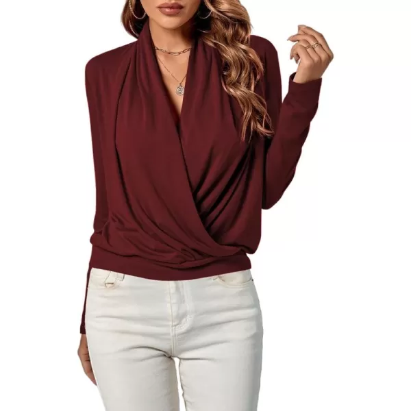 LYANER Women's Casual V Neck Cross Wrap Long Sleeve Solid Blouse Shirt Top