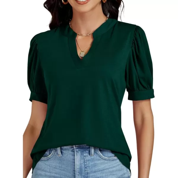 LYANER Women's Casual V Neck Puff Short Sleeve Shirt Blouses Tunic Top