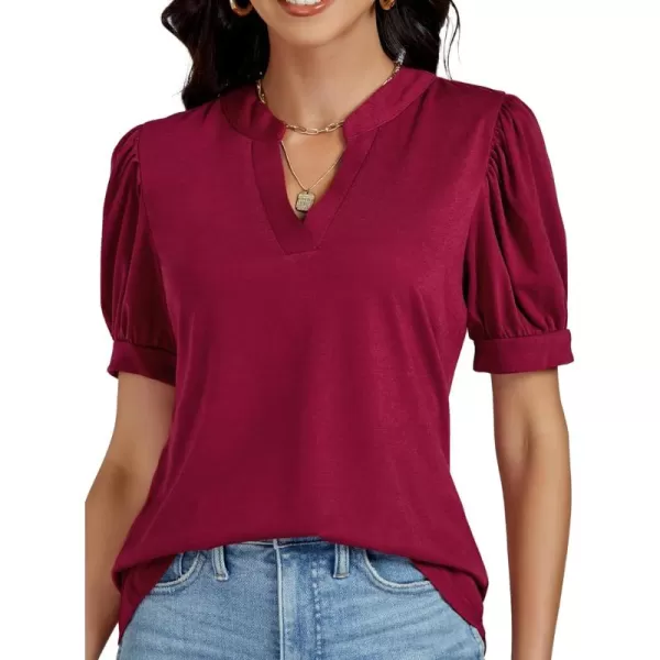 LYANER Women's Casual V Neck Puff Short Sleeve Shirt Blouses Tunic Top