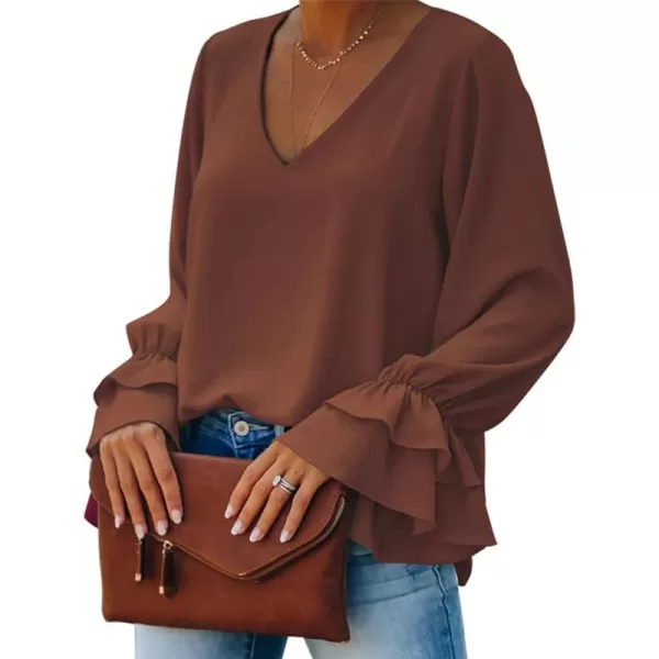 LYANER Women's Casual V Neck Tiered Ruffle Bell Long Sleeve Blouse Shirt Tunic Top