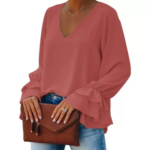 LYANER Women's Casual V Neck Tiered Ruffle Bell Long Sleeve Blouse Shirt Tunic Top