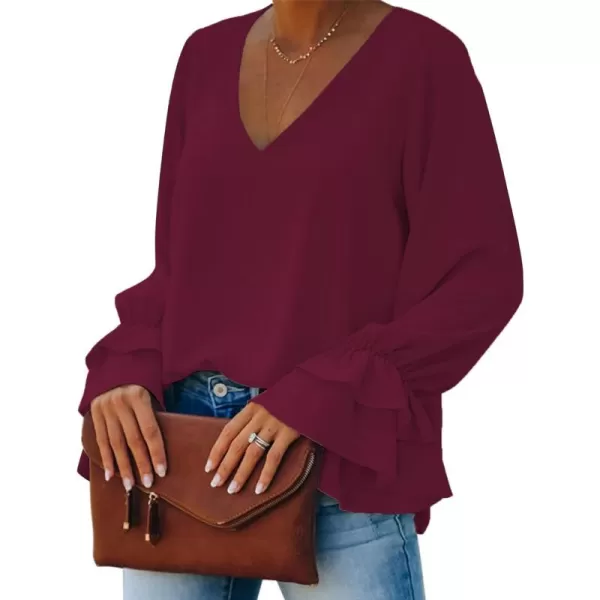 LYANER Women's Casual V Neck Tiered Ruffle Bell Long Sleeve Blouse Shirt Tunic Top