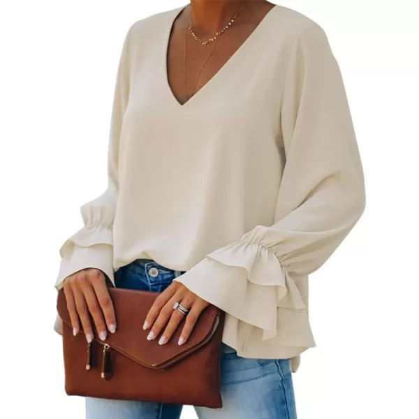 LYANER Women's Casual V Neck Tiered Ruffle Bell Long Sleeve Blouse Shirt Tunic Top