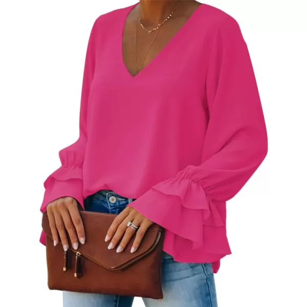 LYANER Women's Casual V Neck Tiered Ruffle Bell Long Sleeve Blouse Shirt Tunic Top
