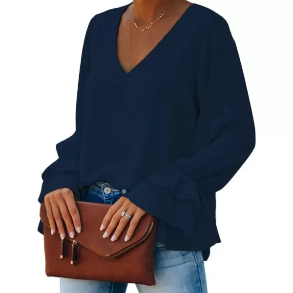 LYANER Women's Casual V Neck Tiered Ruffle Bell Long Sleeve Blouse Shirt Tunic Top