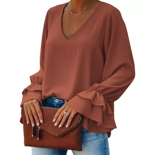 LYANER Women's Casual V Neck Tiered Ruffle Bell Long Sleeve Blouse Shirt Tunic Top