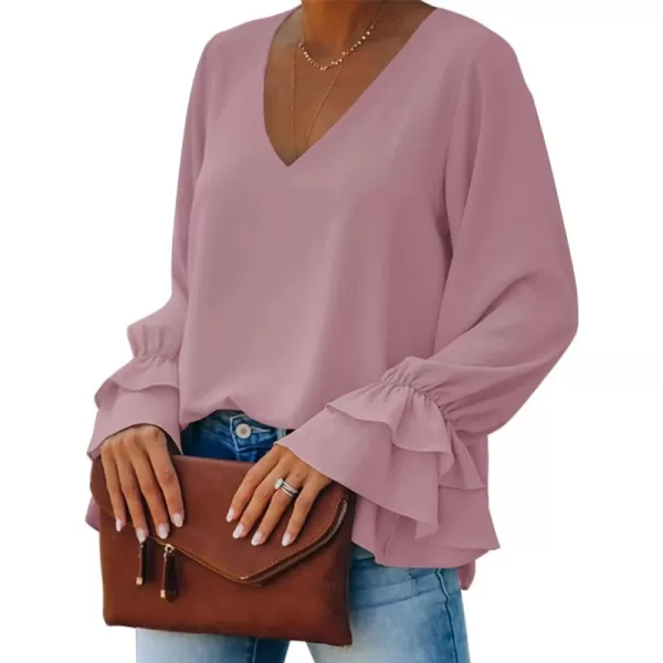 LYANER Women's Casual V Neck Tiered Ruffle Bell Long Sleeve Blouse Shirt Tunic Top