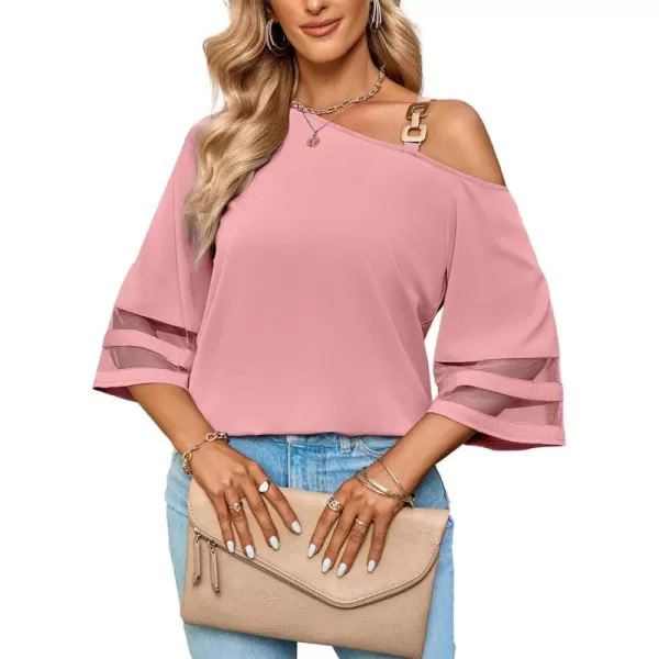 LYANER Women's Cold Shoulder Mesh Panel 3/4 Bell Sleeve Casual Top Blouse Shirt