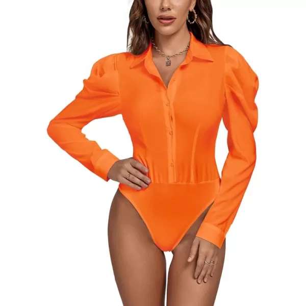 LYANER Women's Collar Button Down Puff Long Sleeve Leotard Bodysuit Tops