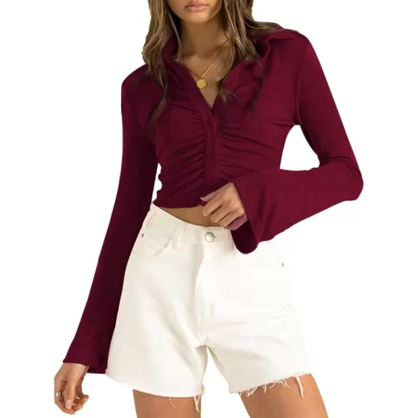 LYANER Women's Collar Button Down Ruched Long Sleeve Fitted Crop Tee Shirt Top