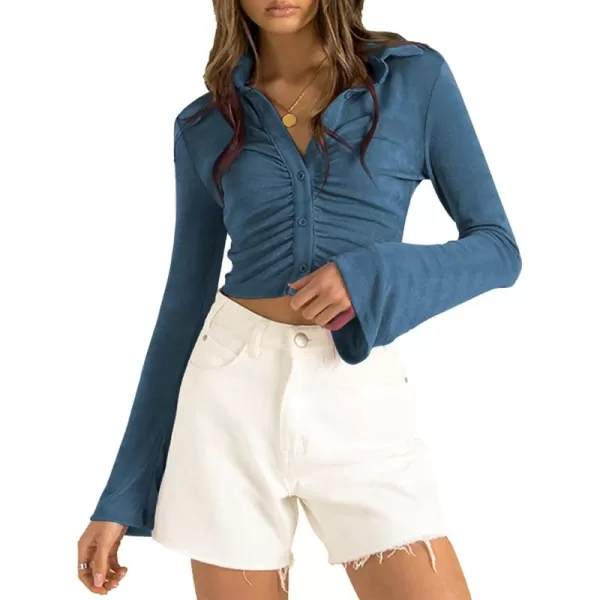 LYANER Women's Collar Button Down Ruched Long Sleeve Fitted Crop Tee Shirt Top