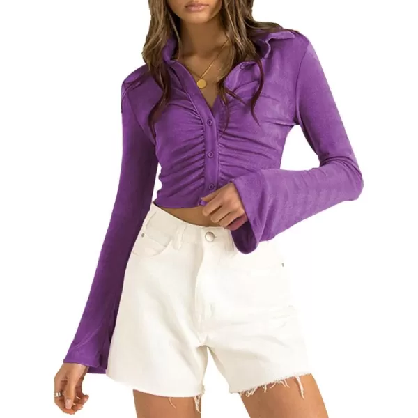 LYANER Women's Collar Button Down Ruched Long Sleeve Fitted Crop Tee Shirt Top