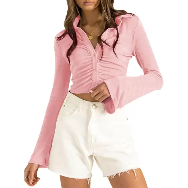 LYANER Women's Collar Button Down Ruched Long Sleeve Fitted Crop Tee Shirt Top