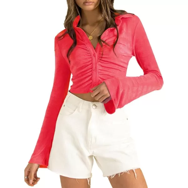 LYANER Women's Collar Button Down Ruched Long Sleeve Fitted Crop Tee Shirt Top