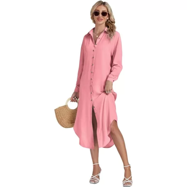 LYANER Women's Collar Button Long Sleeve Max Long Shirt Dress Cardigan Cover Ups
