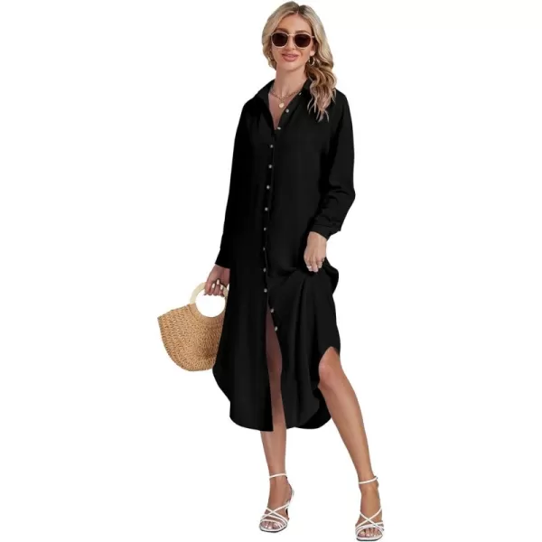 LYANER Women's Collar Button Long Sleeve Max Long Shirt Dress Cardigan Cover Ups