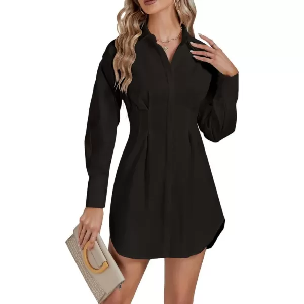 LYANER Women's Collar Buttons Down Pleated Long Sleeve Flared Mini Shirt Dress