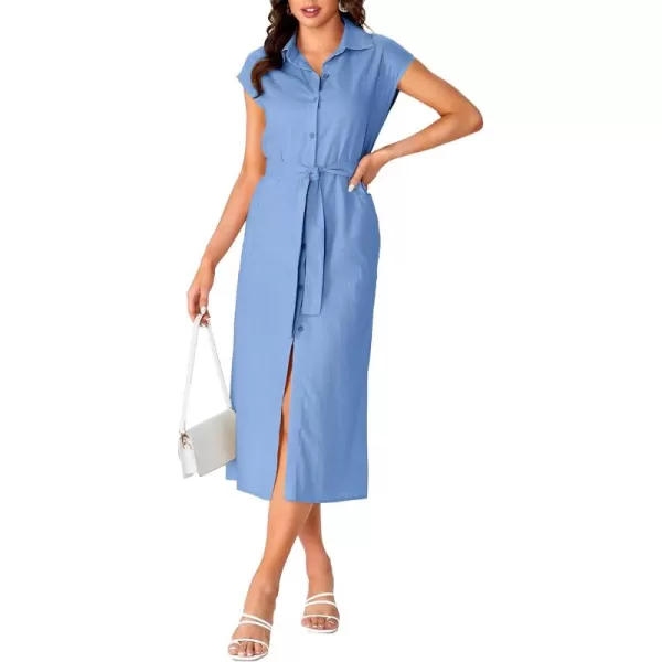 LYANER Women's Collar Neck Belted High Split Sleeveless Side Pocket Office Midi Dress