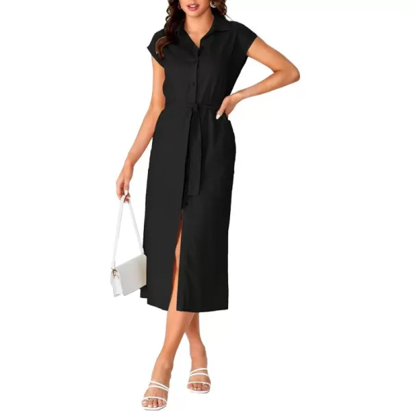 LYANER Women's Collar Neck Belted High Split Sleeveless Side Pocket Office Midi Dress
