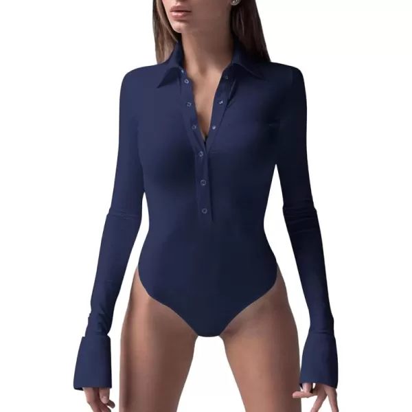 LYANER Women's Collar Neck Button Down Long Sleeve Slim Bodysuit Leotard Tops