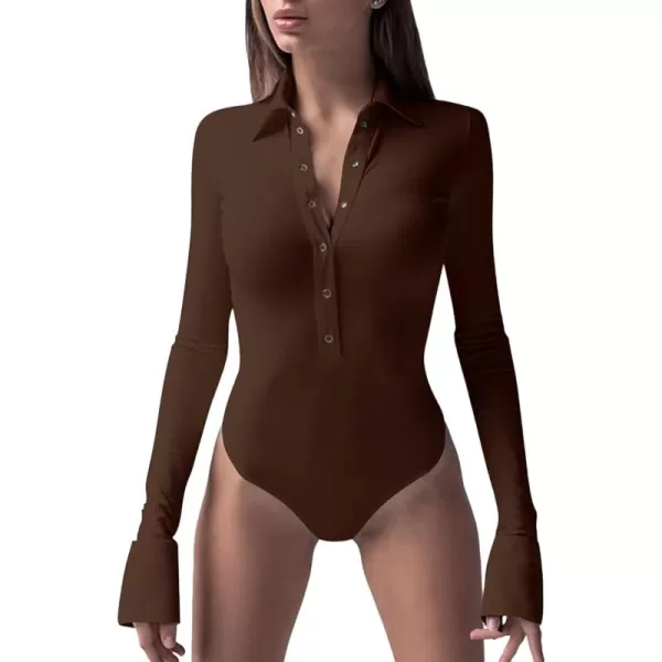 LYANER Women's Collar Neck Button Down Long Sleeve Slim Bodysuit Leotard Tops