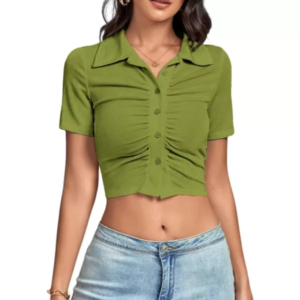 LYANER Women's Collar Neck Button Down Ruched Short Sleeve Blouse Tee Crop Top
