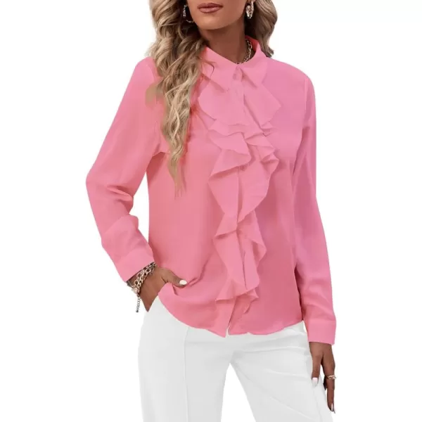 LYANER Women's Collar Neck Button Down Ruffle Front Long Sleeve Blouse Shirt Top