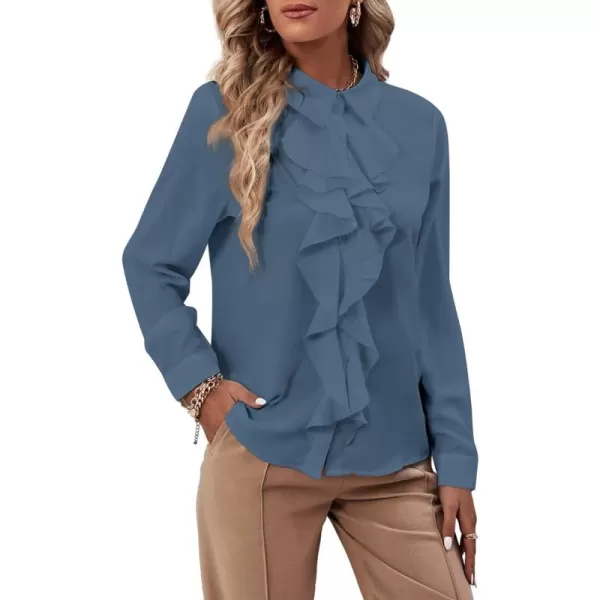 LYANER Women's Collar Neck Button Down Ruffle Front Long Sleeve Blouse Shirt Top