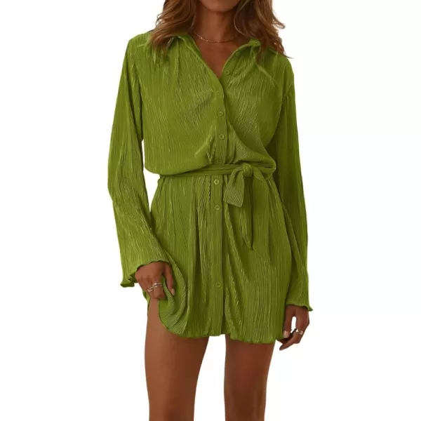 LYANER Women's Collar V Neck Button Down Pleated Long Sleeve Mini Shirt Dress with Belt