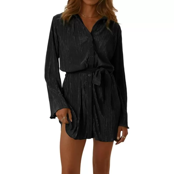 LYANER Women's Collar V Neck Button Down Pleated Long Sleeve Mini Shirt Dress with Belt