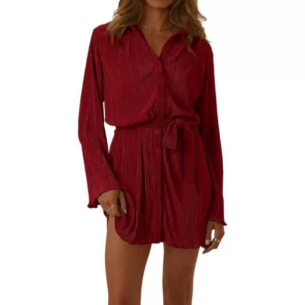 LYANER Women's Collar V Neck Button Down Pleated Long Sleeve Mini Shirt Dress with Belt