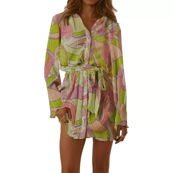 LYANER Women's Collar V Neck Button Down Pleated Long Sleeve Mini Shirt Dress with Belt