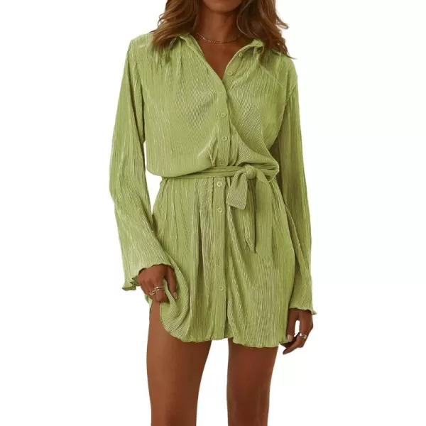 LYANER Women's Collar V Neck Button Down Pleated Long Sleeve Mini Shirt Dress with Belt