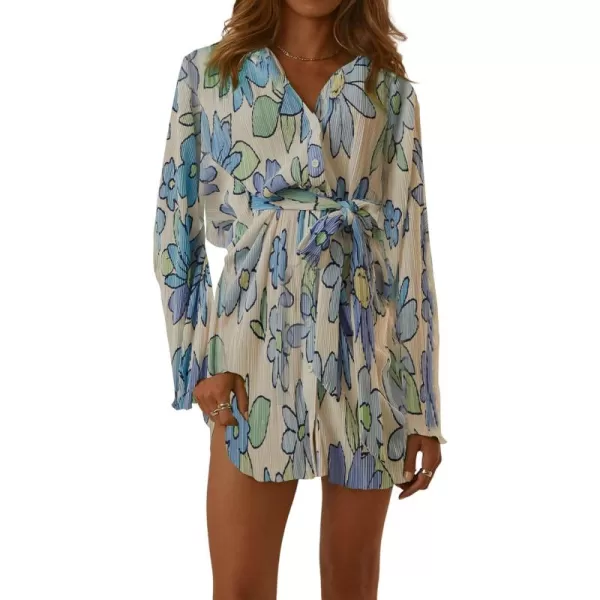 LYANER Women's Collar V Neck Button Down Pleated Long Sleeve Mini Shirt Dress with Belt