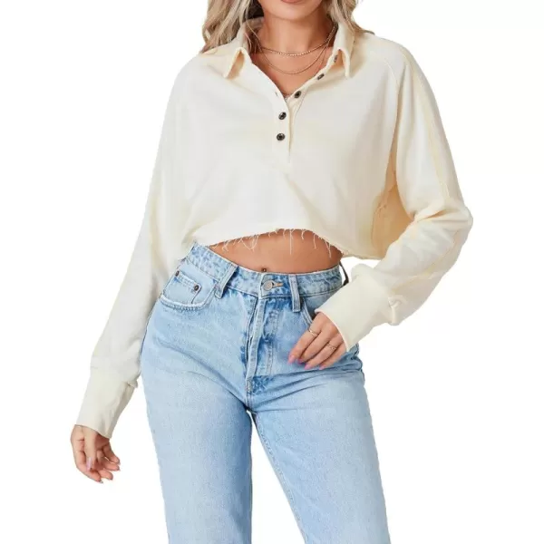 LYANER Women's Collar V Neck Button Down Raw Hem Long Sleeve Hooded Crop Hoodies Top