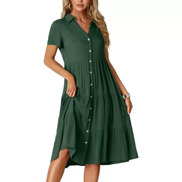 LYANER Women's Collar V Neck Button Down Short Sleeve Tiered Ruffle A Line Flowy Midi Shirt Dress