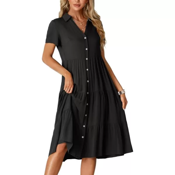 LYANER Women's Collar V Neck Button Down Short Sleeve Tiered Ruffle A Line Flowy Midi Shirt Dress
